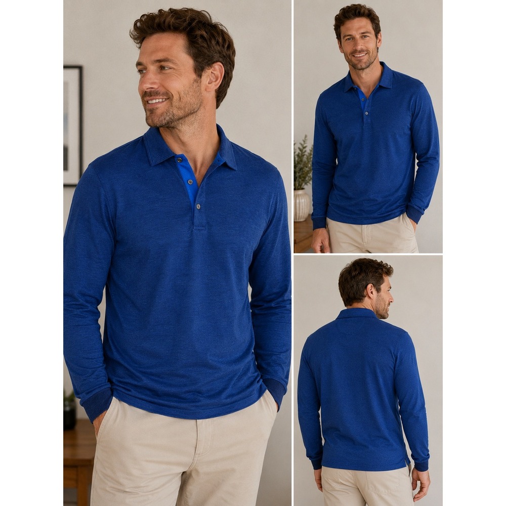 Bugatchi Uomo Long Sleeve Polo Shirt Blue XL Mercerized Knit Luxury‎